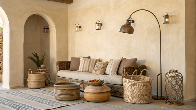 Sand-colored microcement walls, bronze lamps, woven baskets & cushions.