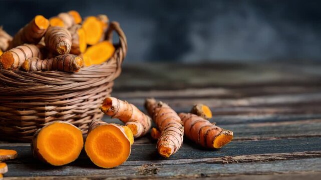 Still Life of Fresh Turmeric Roots in a Wicker Basket with Sliced Pieces on a Distressed Wooden Surface against a Dark Gray Textured Background in Soft Natural Lighting