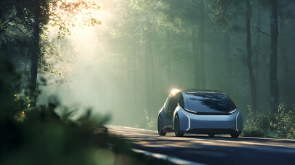 Obraz premium Futuristic electric car driving on scenic road through forest in nature. serene journey with beautiful sunlight shows future travel technology