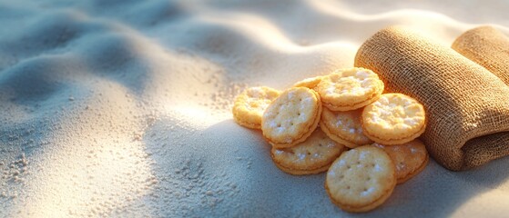 Assorted biscuits, sack, and bottle arrangement
