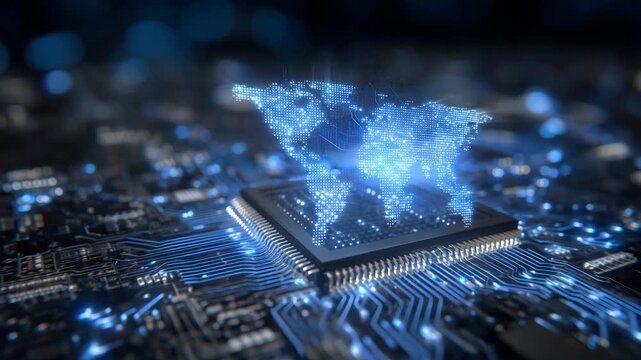 Close-up of microchip etched with circuitry, rare earth elements glowing under UV light, data visualization overlay, high-tech geopolitical advantage conveyed