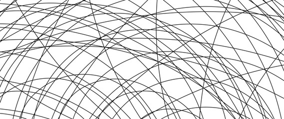 Dynamic black lines and arcs crisscross on a white canvas, forming a complex, abstract, and modern geometric background perfect for design projects.