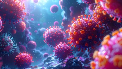 Microscopic view of vibrant red and orange coronavirus particles in a blue biological environment, illustrating viral infection and disease.