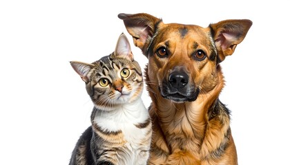 Adorable Cat and Dog Duo Posing Together on a White Background.