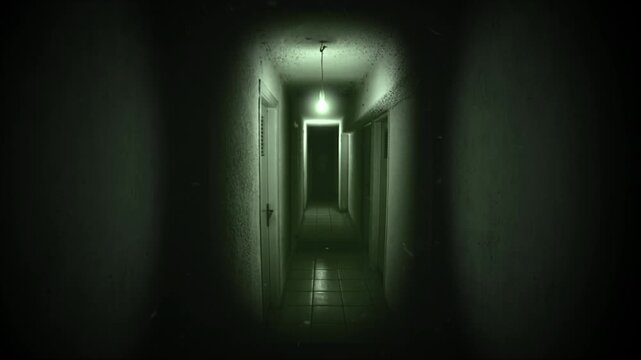 haunting corridor under eerie lights with shadows and suspenseful silence