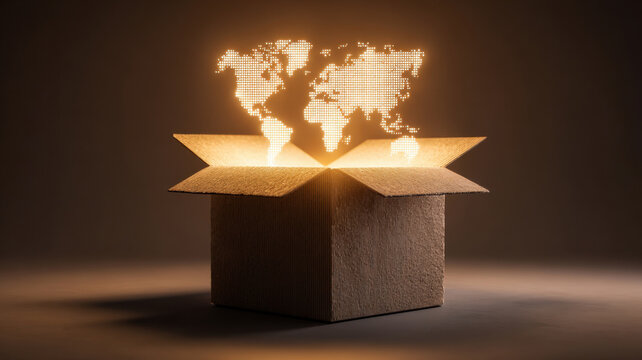 A symbolic image of the world map emerging from a cardboard box. This creative composition suggests global concepts