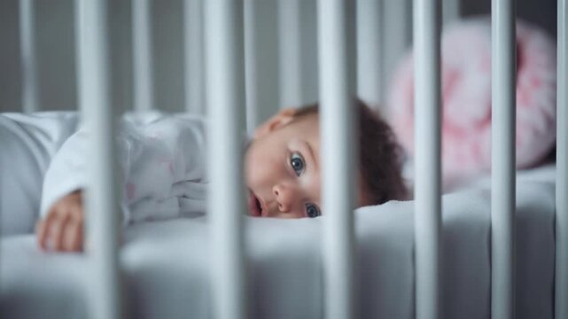 A baby lying in a crib, peering through the vertical bars at the camera.