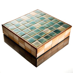 Glossy ceramic tile arrangement in teal and beige hues for interior design and decoration