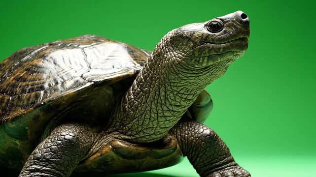 Close up of a turtle with a patterned shell against a vibrant green background showcasing its textured skin and unique features in a studio setting with soft lighting and sharp focus