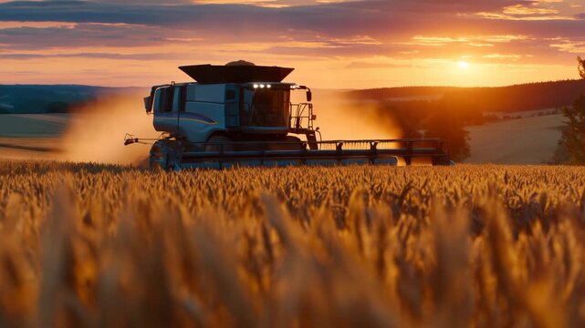 Combine harvester at work in golden cornfield, sun setting behind horizon, long shadows stretching across field, dust and chaff highlighted in cinematic light