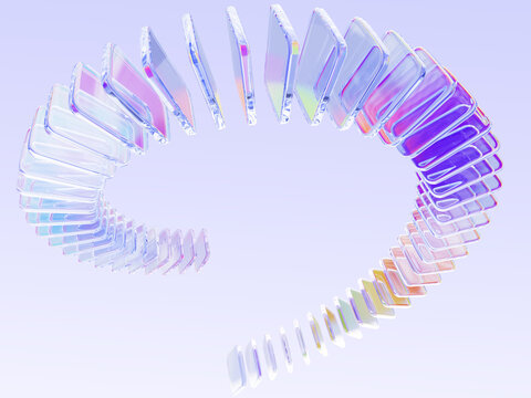 Fototapeta Hologram glass effect speed line iridescent swirl 3d render. Abstract crystal wave of holographic rainbow square plate shapes. Gradient clear shiny circle ring fast flying element. 3D illustration