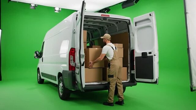 White van opens its back doors as a person loads boxes onto a green screen background.