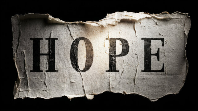 A torn piece of paper with the word HOPE written on it against a dark backdrop. The word HOPE symbolizes a feeling of encouragement, optimism, or confidence