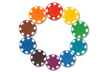 Poker chips arrayed in a circle, colorful casino game tokens creating a frame for betting and luck concepts