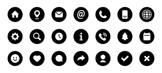 Black circle UI icons. Solid home, location, mail, phone, user, chat, settings and other interface elements in round shape vector illustration. Essential navigation tools for apps sign and modern web.