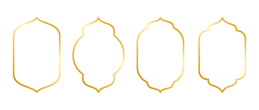 Golden islamic window frame vector illustration collection. Arabian radmadan border design isolated on white.