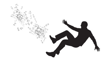 Losing control amidst complex calculations and equations, a man struggles to grasp the overwhelming nature of science and engineering challenges, epitomizing academic pressure and mental overload