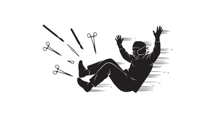 Medical professional falls with surgical tools in dramatic silhouette expressing workplace stress and burnout in the demanding healthcare environment, use for safety campaign