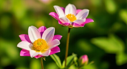 Obraz premium Pinkandwhiteflowerswithyellowcentersinspringgardenfocus