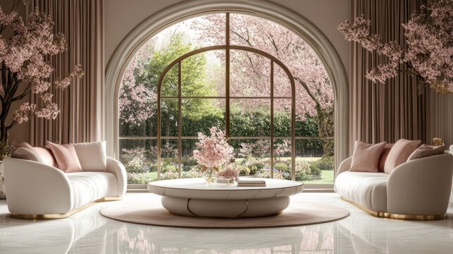 Luxurious living room, spring garden view, elegant sofas, peaceful atmosphere, interior design