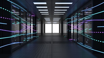 The server room, revealing bright data lines that stretch from wall to wall and between rows of server blocks. 3D Render
