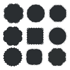 Set of decorative black silhouette frames in various shapes. Collection of elaborate Rounded and oval frames with decorative swirls for vintage design, invitations, announcements, photographs