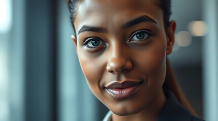 A close-up portrait of a focused businessperson, androgynous, neutral skin tone, subtle smile, office environment, soft lighting, shallow depth of field, realistic rendering
