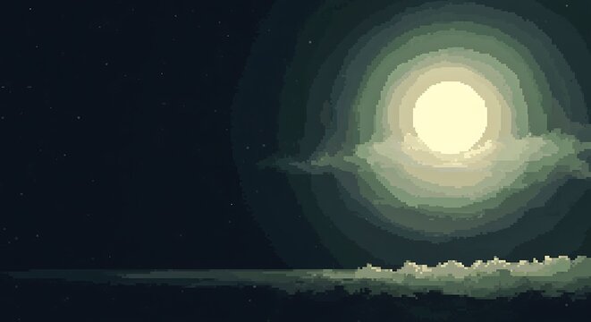 Pixel art moon and stars over calm ocean with clouds