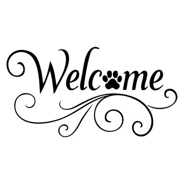 Texto manuscrito Welcome con florituras de adorno y silueta de zarpa de perro o gato en lugar de letra O