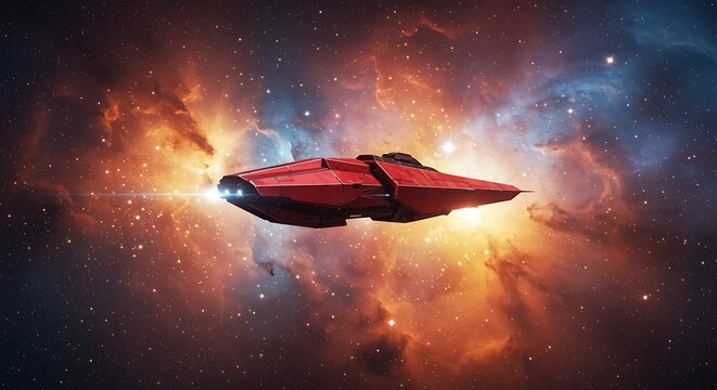 Red Spaceship Flying Through Nebula with Distant Stars and Cosmic Dust