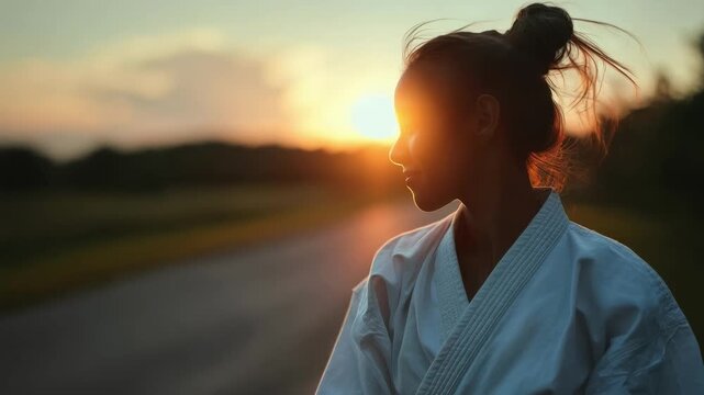 A person in a white martial arts gi stands on a road at sunset, gazing to the side with the sun glowing behind.