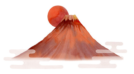 水彩で描いた赤富士と日の出/Mt.fuji Akafuji