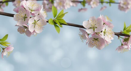 Beautiful pink and white cherry blossom flowers on a branch with soft blue bokeh background