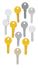 Assortment of House Keys in Gold, Silver, and Bronze Tones.