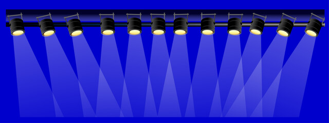 Blue lighting spotlights set vector illustration. Projection studio lights beam. Set of spotlight shines on the stage.