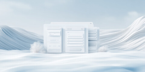 white computer, snow covered field, gray and white color palette, flat design style, serene winter landscape,