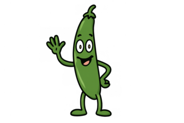 Green bean cartoon mascot character smiling and waving hand, presenting healthy eating and fresh vegetable concept