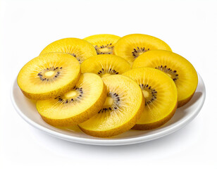 A plate of sliced golden kiwi fruit isolated on a white background