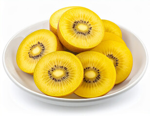 A plate of sliced golden kiwi fruit isolated on a white background