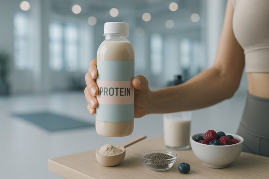 A woman holds a ready-to-drink protein beverage in a gym. A bowl of berries and a glass of protein shake are on a wooden table.