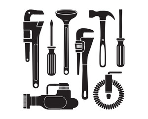 Plumbing Tools, pipe wrench, plunger, adjustable spanner, faucet, water pipe joint, valve wheel black Silhouette vector design illustration icon collection set, plumbing tools silhouette, pipe