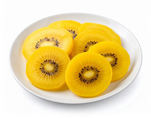 A plate of sliced golden kiwi fruit isolated on a white background