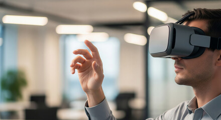 Man using VR headset in modern office with left side copy space for business text