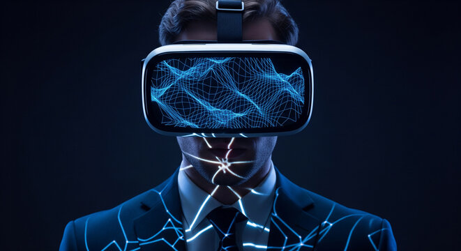 Businessman wearing VR headset with abstract digital lines for metaverse concept