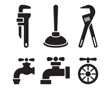 Plumbing Tools, pipe wrench, plunger, adjustable spanner, faucet, water pipe joint, valve wheel black Silhouette vector design illustration icon collection set, plumbing tools silhouette, pipe