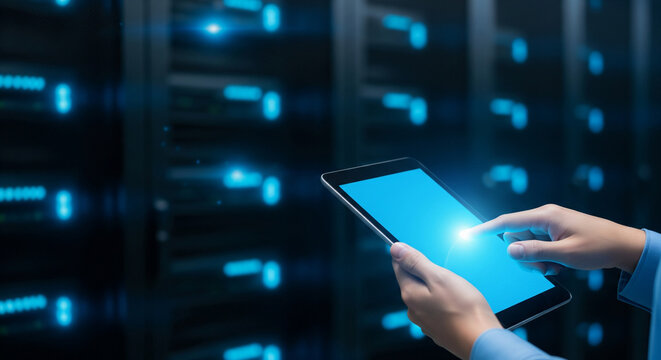 Administrator hands using digital tablet in server room for cloud computing concept - Powered by Adobe