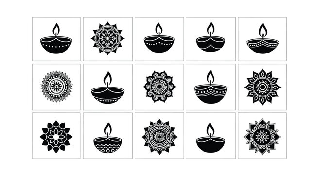 Set of black and white diwali diya and mandala icon collection