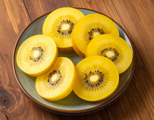 A plate of sliced golden kiwi fruit on a wooden background