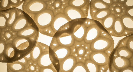 Sliced lotus roots backlit showing abstract pattern for organic vegetable texture background