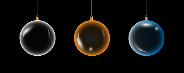 Glass bauble set. 3D transparent Christmas balls hanging for Christmas and New Year celebrations. black,blue,orange,vector illustrations